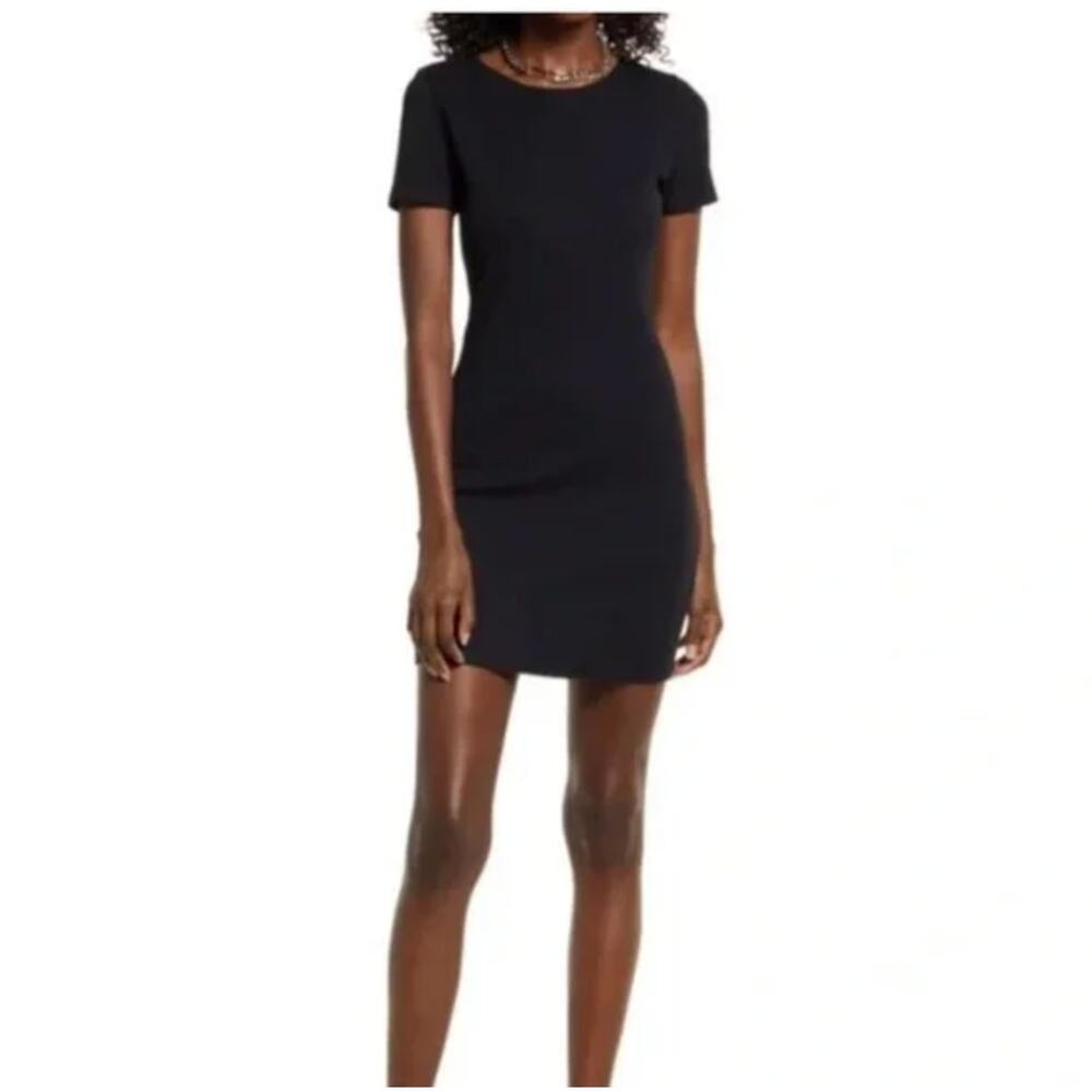 Open Edit Short Sleeve Ribbed Body-Con Dress Black Women's Size M